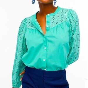 J.Crew Venetian Green Eyelet Mixed Media Button Up Blouse Top Large